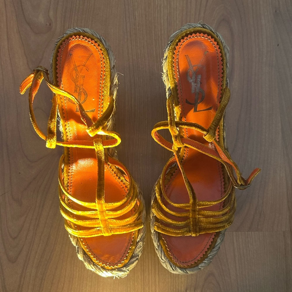 Vintage Yves Saint Laurent Wedge Velvet Strappy Sandals Heel Shoes Sz38 US 7 !